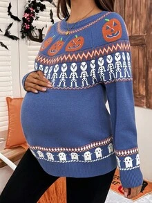 SHEIN Umstandspullover mit Kürbismuster für den Herbst, Rundhalsausschnitt, Raglanärmel, Lässig - Verschiedenfarbig - Übersicht 5