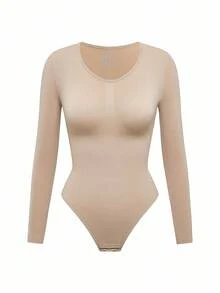 SHAPORA 女士纯色圆领长袖修身紧身衣 - 杏色 - 查看 2