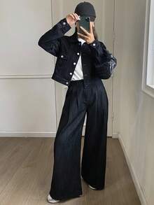 DAZY Women's Denim Jacket With Collar And Loose Pants 2 Pieces Casual Street Wear Denim Set