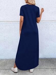 EMERY ROSE Women's Summer Sunflower Printed T-Shirt Style Dress Maxi Women Outfit - Navy Blue - View 2