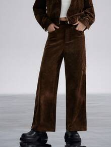 Airlisse Set de 2 piezas: Chaqueta corta con cuello de piel desmontable de estilo retro americano y pantalones rectos, color marrón, para invierno