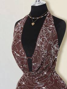 SHEIN ICON Women's Brown Homecoming Birthday Glitter Party Draped Neck Sequin Backless Dress