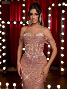 Glamrae Elegant Luxurious Champagne Elastic Beaded Sequin Ruched Mermaid Skirt, Suitable For Weddings, Parties, Vacations, Galas, Formal Occasions (Heavy Embellished) - Champagne - View 5