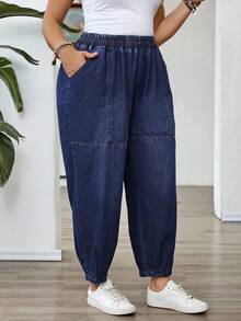 EMERY ROSE Plus Size Elastic Waist Tapered Leg Jeans, Casual Vacation - Dark Wash - View 4