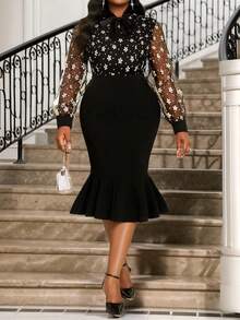 SHEIN Lady 加大码网眼拼布透明美人鱼下摆优雅长袖连衣裙 - 黑色 - 查看 5