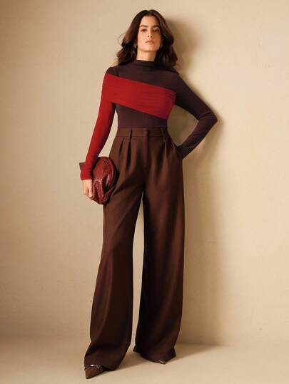 Anewsta Autumn/Winter High-Neck Color Block Design Elegant Chic Stylish Women Long Sleeve Top