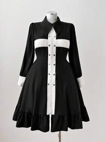 Sunspun 大码连衣裙时尚朋克深色衬衫领黑白撞色腰长袖短裙交叉衬衫裙哥特式连衣裙 - 黑與白 - 查看 2
