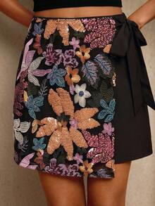 Travachic 休闲时尚亮片装饰侧系带女式半身裙 - 黑色 - 查看 1