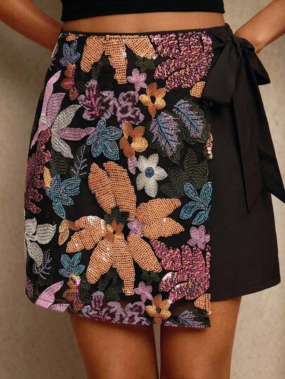 Travachic 休闲时尚亮片装饰侧系带女式半身裙