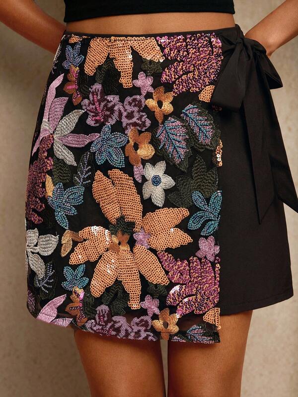 Travachic Saia feminina casual com lantejoulas e amarração lateral