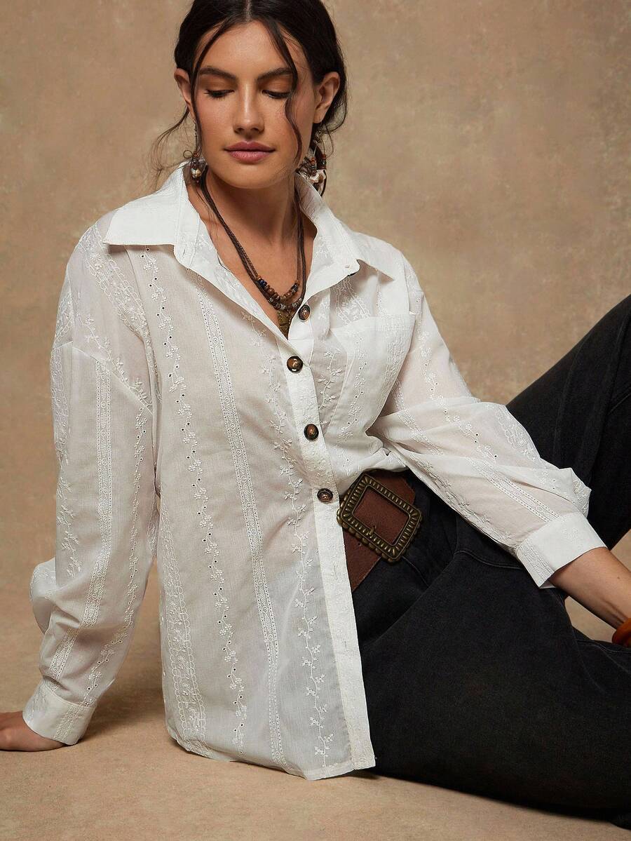 Freevana Plus Size Casual Solid Color Embroidered Shirt