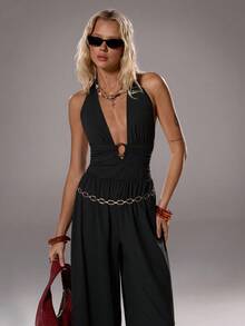 SHEIN Unity 1 Stück Damen Bodycon Jumpsuit, Schwarz, Frühling/Sommer, Büro & Party, gestrickt dehnbar locker, tiefer V-Ausschnitt rückenlos ausgeschnitten, elegant & sexy, geeignet für Alltag, Büro, formelle Anlässe - Schwarz - Übersicht 4