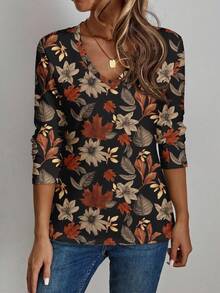 EMERY ROSE Women's Casual V-Neck Long Sleeve T-Shirt, Suitable For Autumn/Winter, Retro Leaf Print