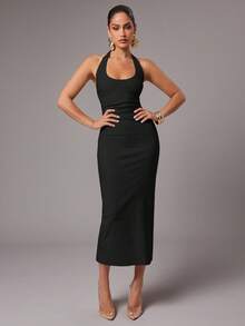 Silquee Women's Solid White Halter Backless Dress, Spring/Summer,Wedding Guest Dress Women - Black - View 3