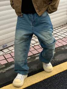 Manfinity EMRG Men's Casual Washed Patchwork Denim Jeans Y2K Vintage Washed Blue OVERSIZE Party College For Double Knee Jeans - Light Wash - View 7