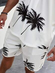 Manfinity RSRT 男士椰子樹印花落肩袖襯衫和短褲套裝 - 白色 - 查看 5