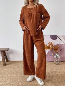 SHEIN LUNE 女士褶皱宽松纯色长袖上衣T恤和直筒灯芯绒裤，适合日常生活、聚会、通勤、秋冬季 - 棕色 - 查看 6