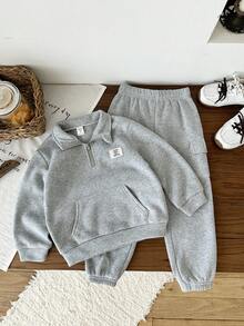 SHEIN 2pcs/Set Young Boys Casual Comfortable Stand Collar Half-Zip Pocket Decor Contrast Color Pullover Hoodie And Loose Fit Thermal Lined Cargo Pants Set, Suitable For Winter Fall - Grey - View 4