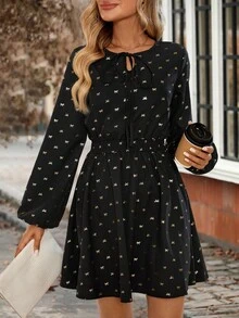 EMERY ROSE Damen Schleifenprint Langarm Kurzes Kleid