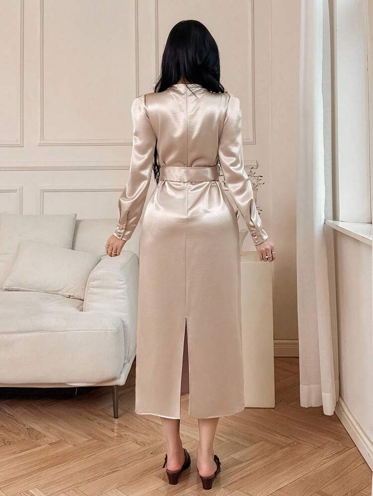 Women's Elegant Waist Belt Midi Dress, Basic Color, Autumn