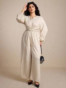 Elaquor Plus Size Women's Solid Color Keyhole Neck Lantern Sleeve Wide Leg Casual Jumpsuit Long Sleeve Jumpsuit Jumpsuits For Women Plus Size Jumpsuit Women Jumpsuit Wide Leg Jumpsuit - Apricot - View 5