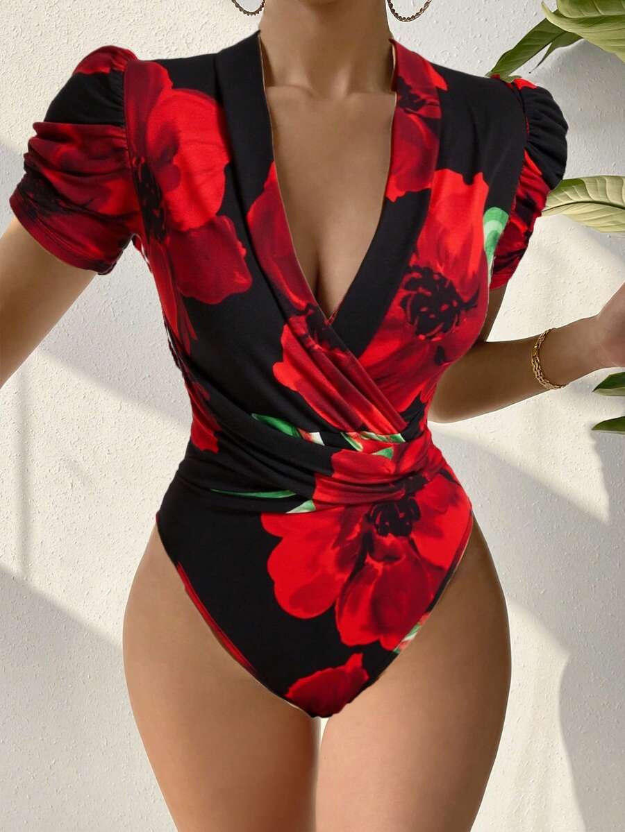 SHEIN SXY Talkative 图案印花泡泡袖优雅修身连体衣 - 彩色 - 查看 1