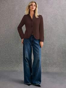 Poéselle 女士纯色长袖单排扣休闲宽松针织开衫，秋冬 - 巧克力棕 - 查看 4