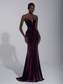 Elitara Thanh lịch, Sang trọng, Thời trang, Gợi cảm, Màu đỏ tía, Vải nhung, Cúp ngực, Viền váy đuôi cá, Xòe, Thích hợp cho kỳ nghỉ, Sự kiện đám cưới, Tiệc độc thân, Váy dạ hội trang trọng, Váy dạ hội trang trọng - Màu tím đậm - Xem 5