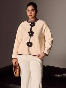 Juhart Áo khoác nữ cổ tròn tay dài phong cách Pháp mới cỡ lớn, đính hoa giả kim cương giả, viền da giả màu tương phản, mùa thu - Màu be - Xem 1