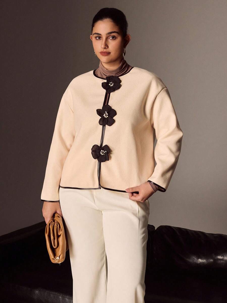 Juhart Áo khoác nữ cổ tròn tay dài phong cách Pháp mới cỡ lớn, đính hoa giả kim cương giả, viền da giả màu tương phản, mùa thu - Màu be - Xem 1