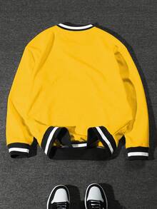 Manfinity Campus Court 男士休闲宽松V领卫衣，秋季长袖上衣 - 黃色 - 查看 2