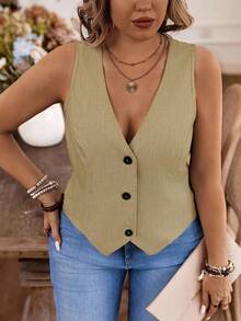 EMERY ROSE Áo khoác vest không tay thường ngày cỡ lớn cho nữ - Màu Khaki - Xem 6