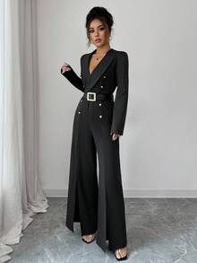 Elenzga Women's Fashionable Elegant Shawl Neck Double-Breasted Jumpsuit