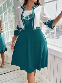 SHEIN Clasi Plus Size Women Floral Print 2 In 1 3/4 Sleeve Elegant Dress