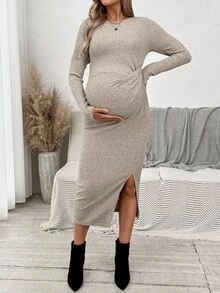 SHEIN Rochie de maternitate cu guler rotund, mânecă lungă, talie pliată, crăpături laterale, tiv mulat, toamnă - Kaki - Vizualizare 4