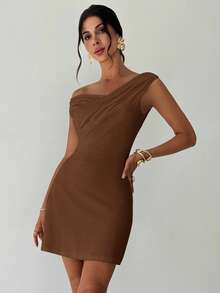 Firerie 女士优雅简约时尚性感日常通勤音乐节度假不对称领口垂褶白色A字迷你连衣裙，春夏婚礼宾客礼服 - 棕色 - 查看 3