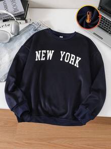 SHEIN Moletom feminino adolescente casual com estampa de slogan em letras, gola redonda, manga longa, cor sólida, peça básica e versátil, ideal para ir ao trabalho, escola, uso diário, viagens, festas ao ar livre, esportes e outono/inverno. Moletom de Nova York para jovens. - Azul marinho - Ver 3