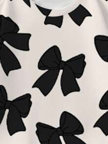 Sparklyn 2pcs Tween Girl Artistic Casual Fashion Sweet Cute Bow Print Full-Width Crew Neck Sweatshirt & Black Leggings Set, Autumn/Winter, Black & White Minimalist Sweatshirt & Leggings Set For Daily Wear & School, Fall Outfit Clothes - Multicolor - View 3