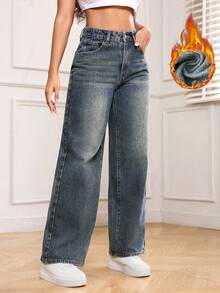SHEIN PETITE Quần Jeans Nữ Dáng Thẳng Rộng, Lót Nhiệt, Phong Cách Retro - Màu xanh lam - Xem 5