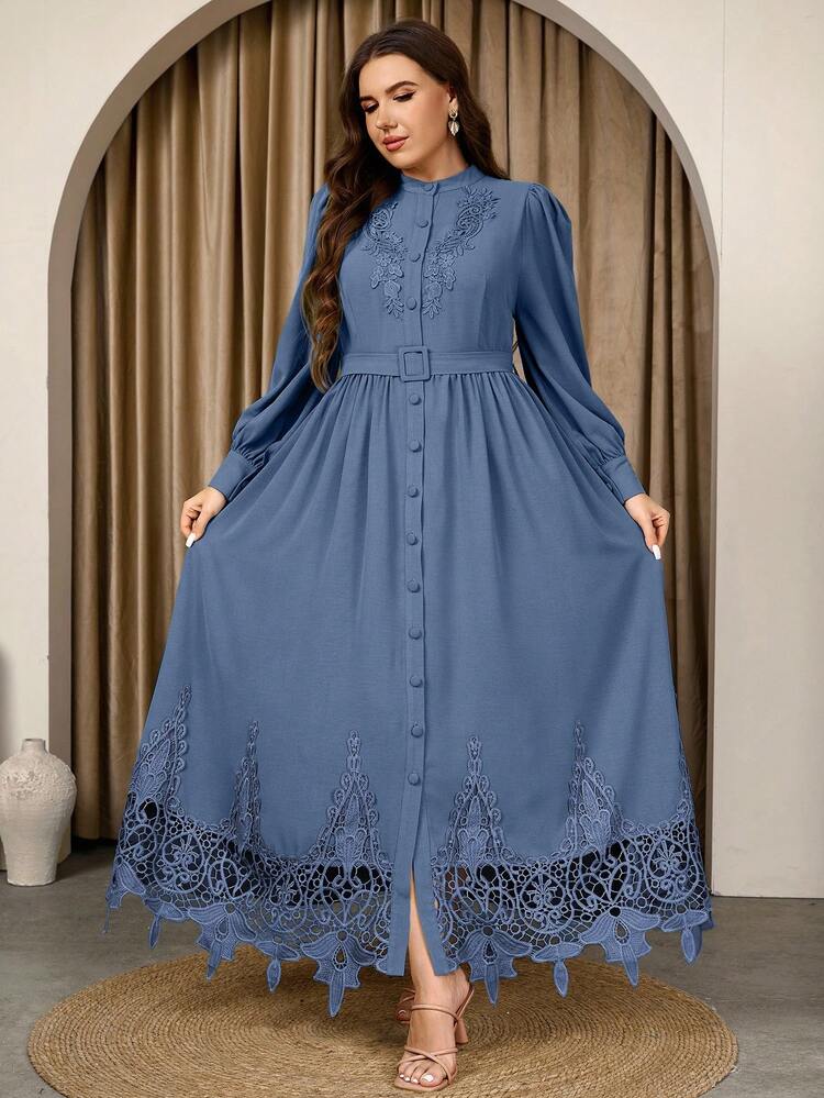Graceveil Plus Size Long Sleeve Solid Color Lace Waist Belt Elegant Casual Dress - Blue - View 1