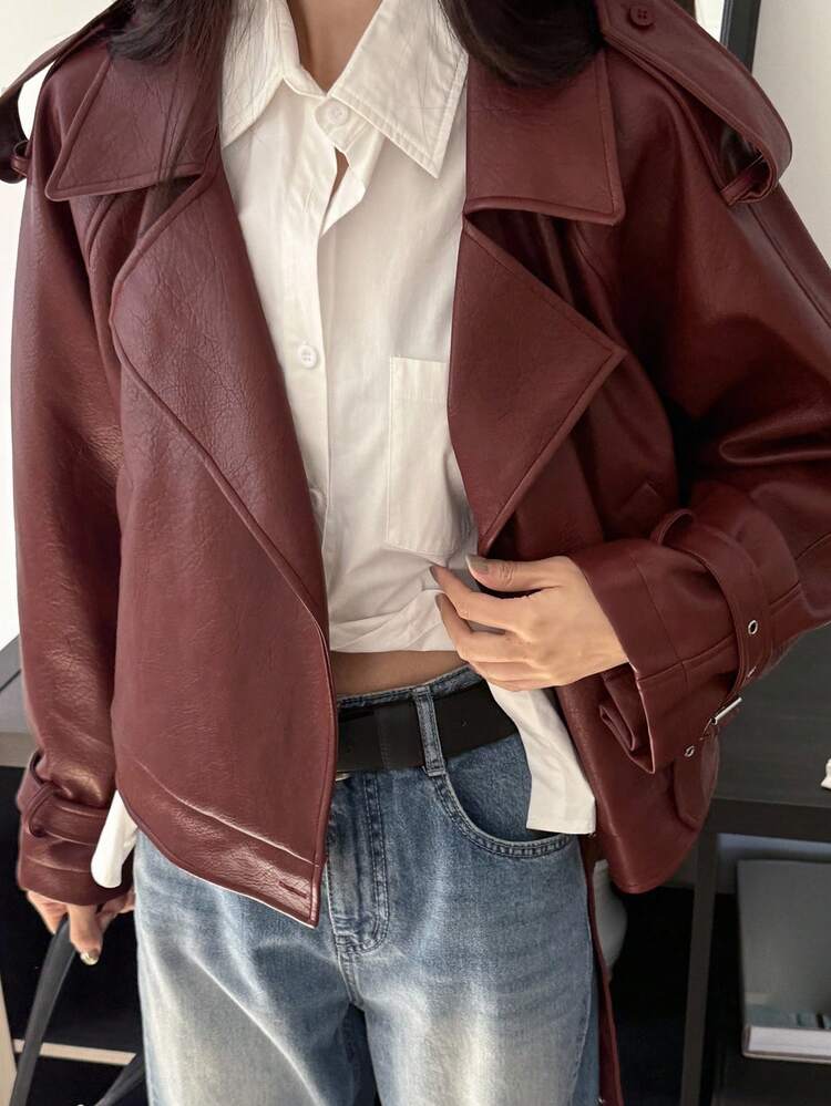 Women's PU Leather Short Jacket, Loose Street Casual Regular Outerwear Fall/Winter Women Coats