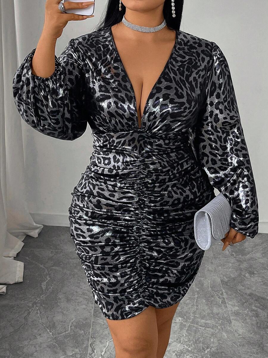 SHEIN LUNE Plus Size Women Deep V-Neck Lantern Sleeve Ruched Fitted Sexy Leopard Print Metallic Foil Dress - Multicolor - View 1