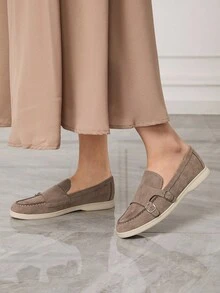 Sleekvia Giày bệt da lộn họa tiết khóa màu đơn sắc đi làm thường ngày dành cho nữ - màu nâu - Xem 3