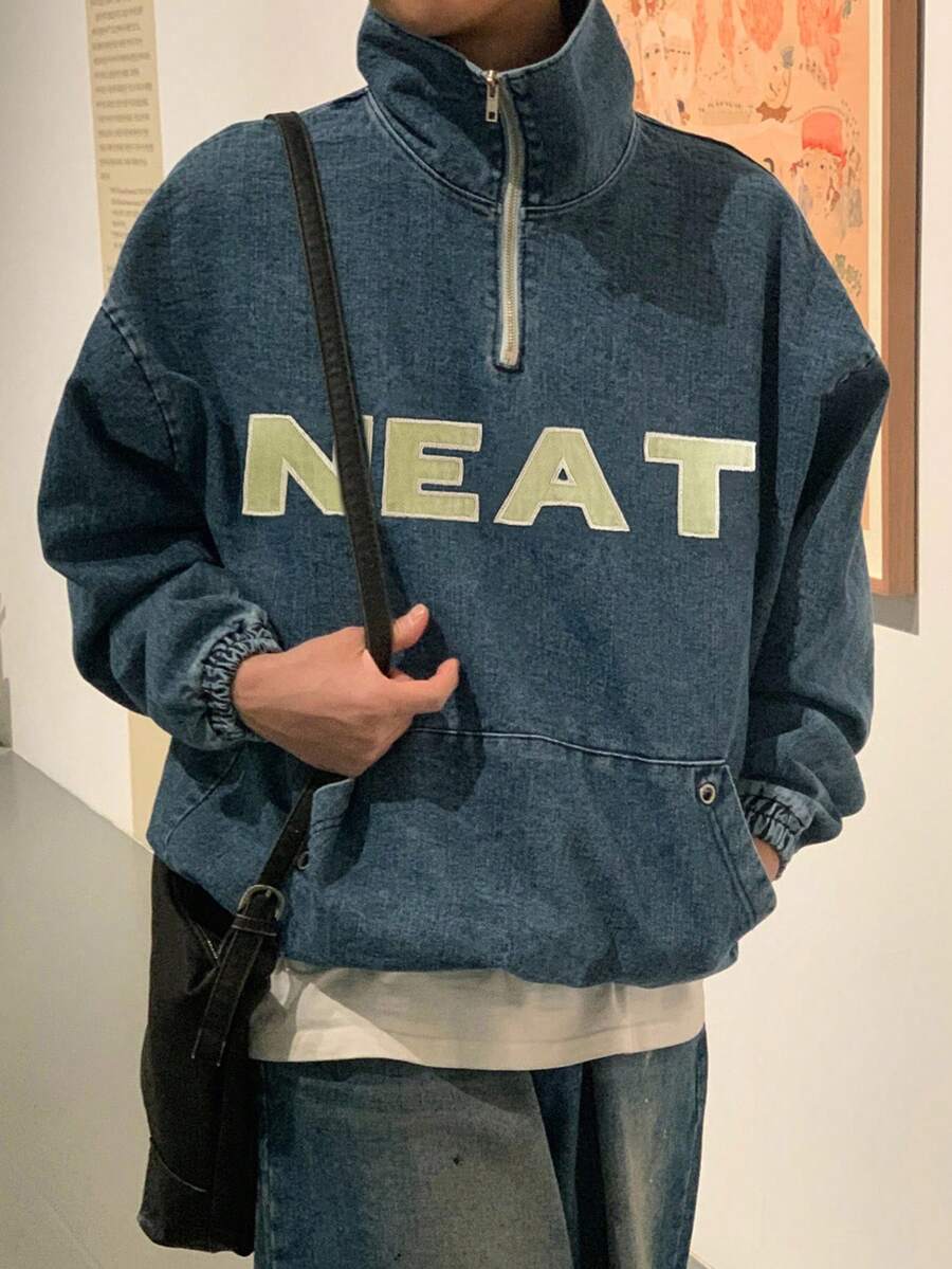 DAZY Men's Letter Embroidery Washed Blue Half-Zip Pullover Sweatshirt, Autumn - Blue - View 1