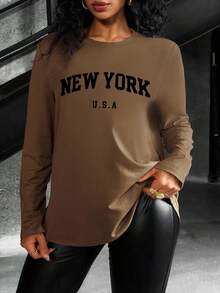 INAWLY 女士休闲印花字母圆领长袖 T 恤，秋季图案 T 恤女士春季上衣 - 棕色 - 查看 5