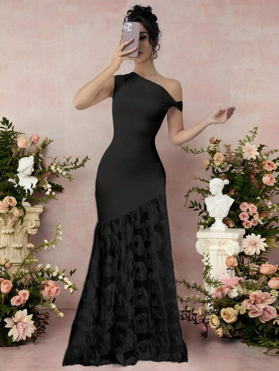 Rafferiza Váy đuôi cá jacquard ôm sát vai cổ xoắn thanh lịch dành cho nữ - màu đen - Xem 1