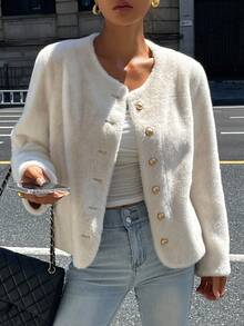 DAZY Women's Solid Color Round Neck Regular Jacket, Autumn Women Coats - Beige - View 6