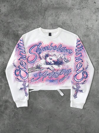 Street Life Men's Vintage Cross & Angel Print Distressed Short Pullover Hoodie, Suitable For Autumn/Winter