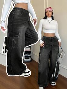 Dripcurv Plus Size Casual Loose Straight Leg Jeans, Blue Jeans Wide Leg Cargo Jeans For Women