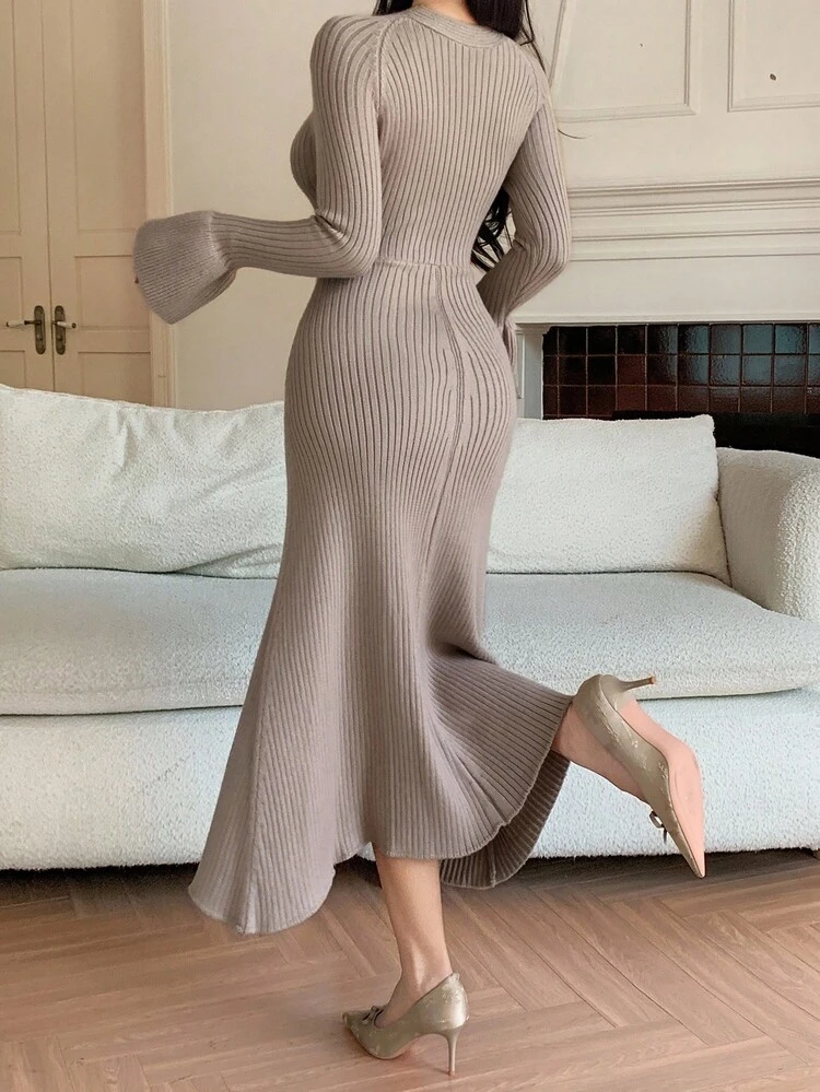 Women's Elegant Solid Color Flare Sleeve Sweater Dress, Autumn